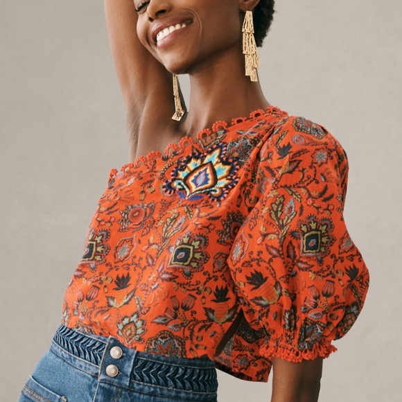 FARM Rio One Shoulder Puff Sleeve in Red Motif - Picture 1 of 3